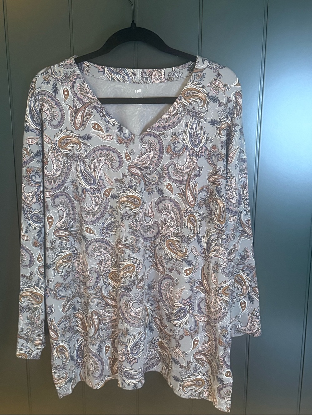 🍂J. Jill Women’s Gray Paisley Supima Cotton V-Neck Long Sleeve Tunic - Size L - Picture 2 of 10